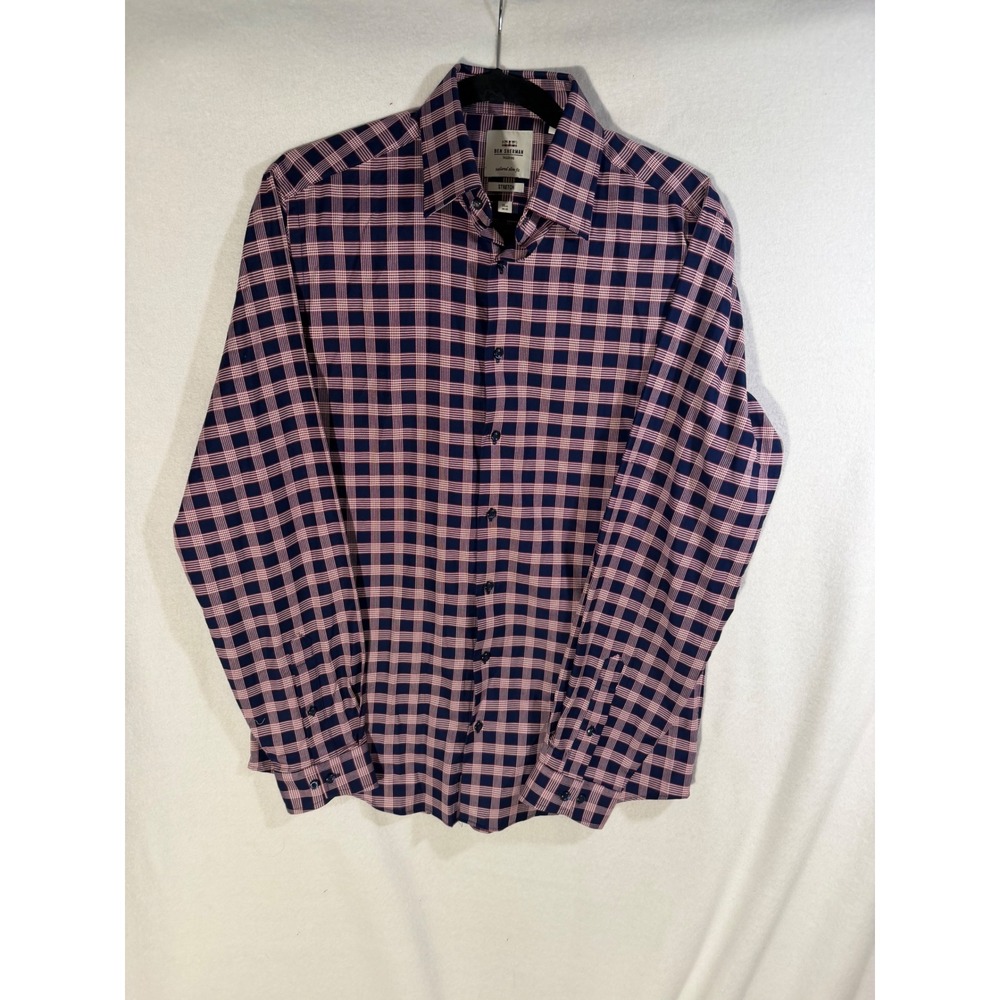 Ben Sherman Tailoring Mens Navy Pink Plaid Slim Fit Stretch Shirt 15.5 34/35